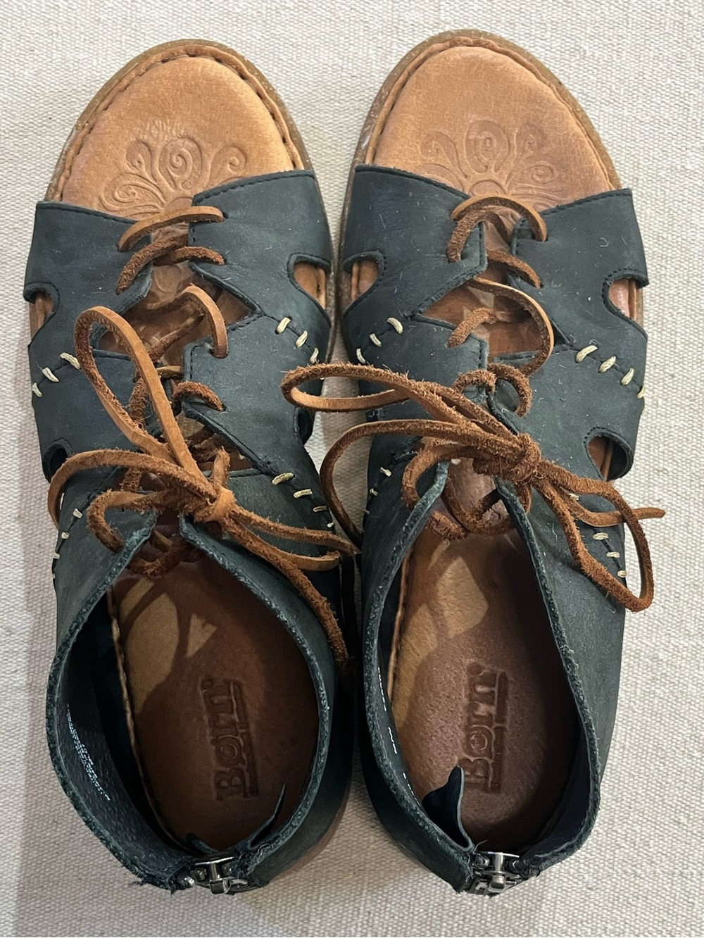 Born Nea Gladiator Lace-Up Sandals, Leather, Zipper Back, Blue-Gray Sz 9 NWOB